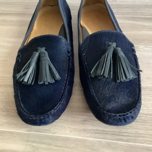 PATRICIA GREEN Calf Hair Driving Loafers Moc Toe Tassels Blue Preppy Classic 11