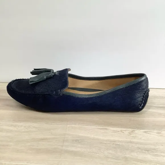 PATRICIA GREEN Calf Hair Driving Loafers Moc Toe Tassels Blue Preppy Classic 11