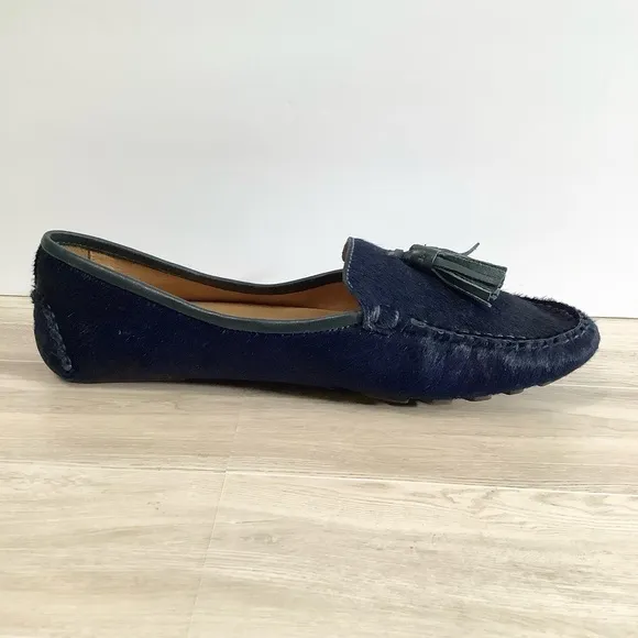 PATRICIA GREEN Calf Hair Driving Loafers Moc Toe Tassels Blue Preppy Classic 11