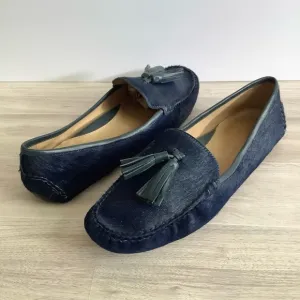 PATRICIA GREEN Calf Hair Driving Loafers Moc Toe Tassels Blue Preppy Classic 11
