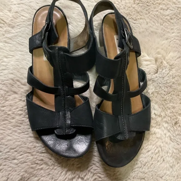 Paul Green Black Leather Strappy Ankle Buckle Gladiator Sandal Womens Size 8