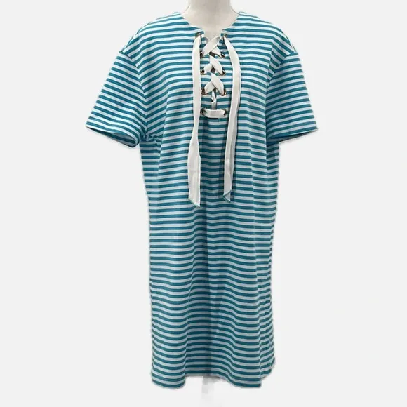 Persifor Anna Striped Italian Knit Shift Dress in Turquoise &amp; White - Size Large