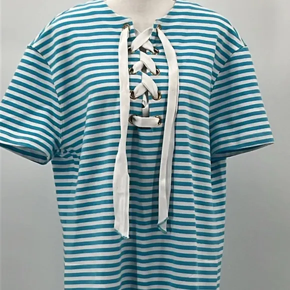 Persifor Anna Striped Italian Knit Shift Dress in Turquoise &amp; White - Size Large