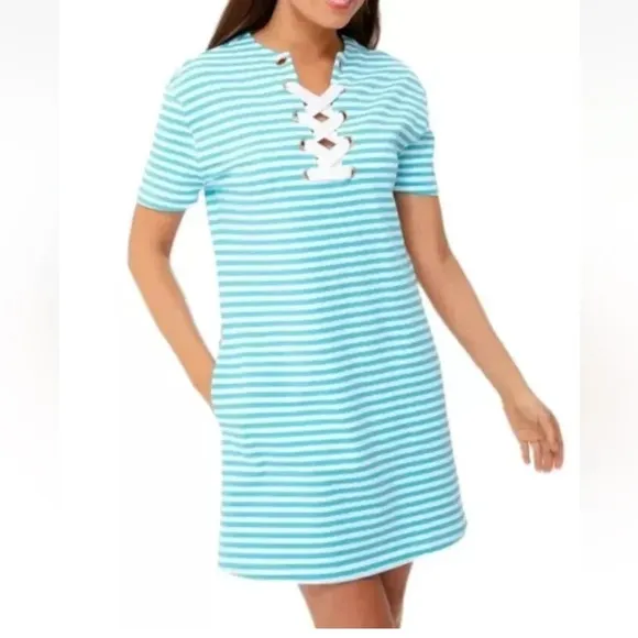 Persifor Anna Striped Italian Knit Shift Dress in Turquoise &amp; White - Size Large