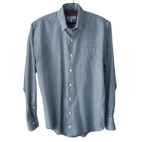 Peter Millar Navy Gingham Check Performance Fabric Button Down Shirt | SMALL