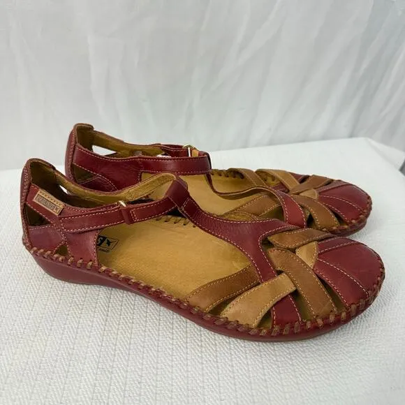Pikolinos Sandals Women's Size 11 Red Tan P Vallarta 41 EU Leather Flat Boho