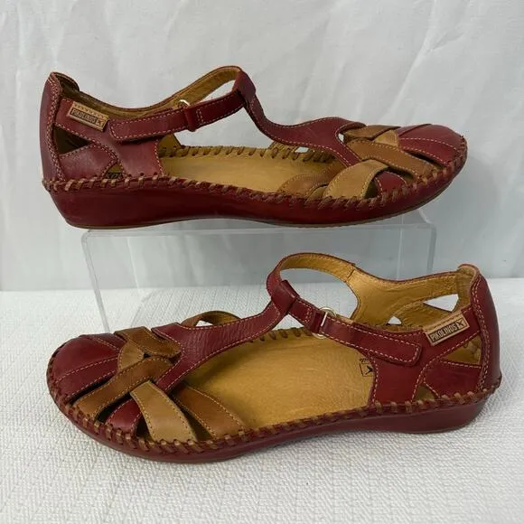 Pikolinos Sandals Women's Size 11 Red Tan P Vallarta 41 EU Leather Flat Boho