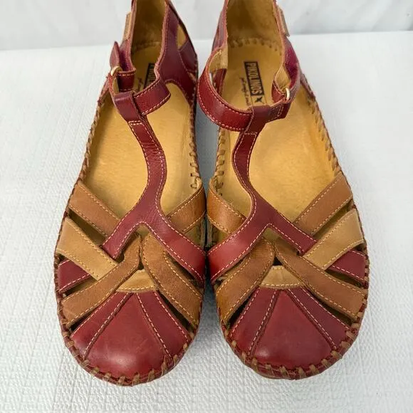 Pikolinos Sandals Women's Size 11 Red Tan P Vallarta 41 EU Leather Flat Boho