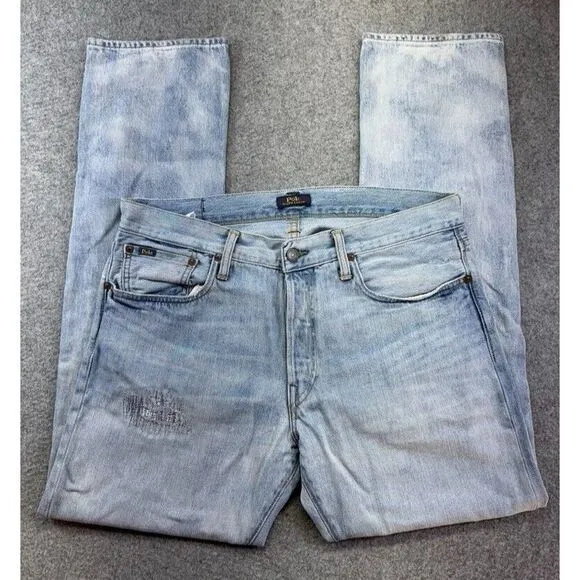 Polo Ralph Lauren Men's Jeans 34x30 Varick Slim‎ Straight Light Wash Distressed