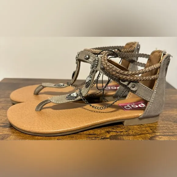 POP Girls Grey Ambrosia Ankle Strap Flat Sandals NWT Various Sizes