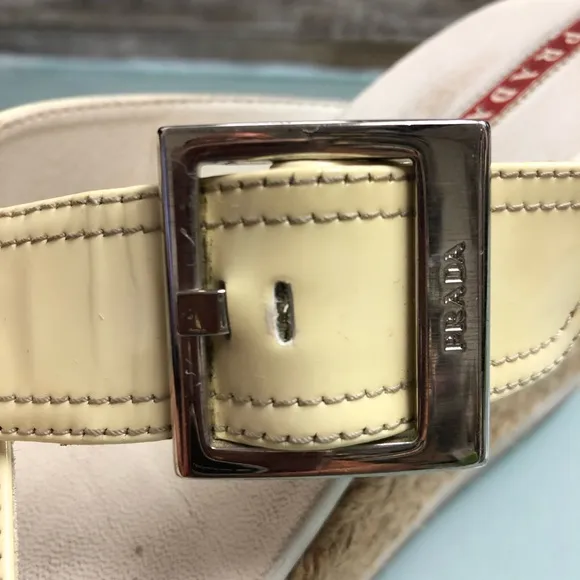 PRADA BEIGE PATENT ESPADRILLE WEDGES SANDAL 37.5