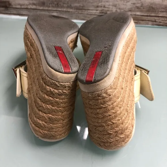 PRADA BEIGE PATENT ESPADRILLE WEDGES SANDAL 37.5