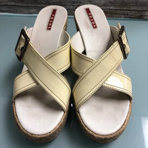 PRADA BEIGE PATENT ESPADRILLE WEDGES SANDAL 37.5