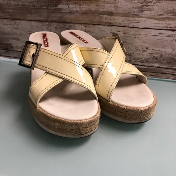 PRADA BEIGE PATENT ESPADRILLE WEDGES SANDAL 37.5