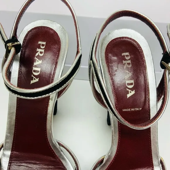 Prada black silver leather high heel sandals 37.5