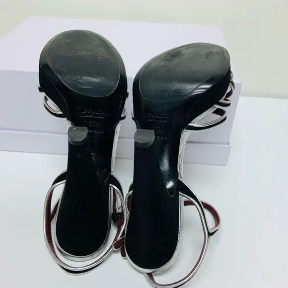 Prada black silver leather high heel sandals 37.5