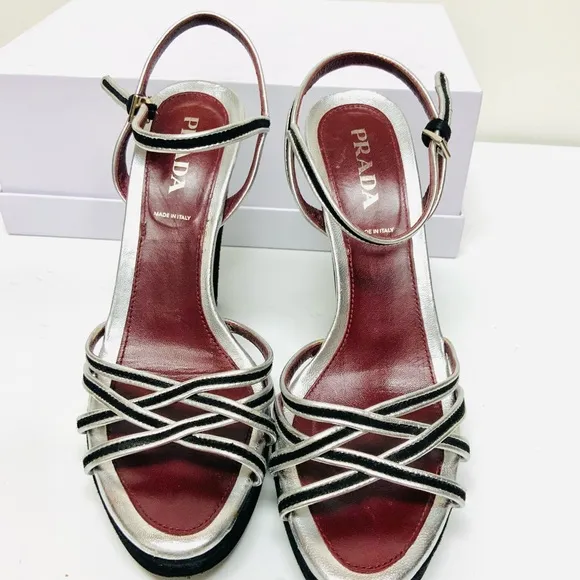 Prada black silver leather high heel sandals 37.5