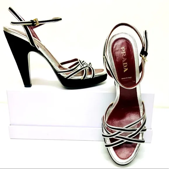 Prada black silver leather high heel sandals 37.5