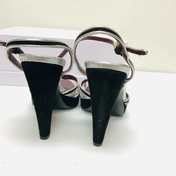 Prada black silver leather high heel sandals 37.5