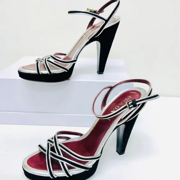 Prada black silver leather high heel sandals 37.5