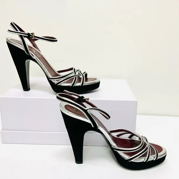 Prada black silver leather high heel sandals 37.5
