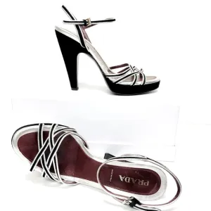 Prada black silver leather high heel sandals 37.5