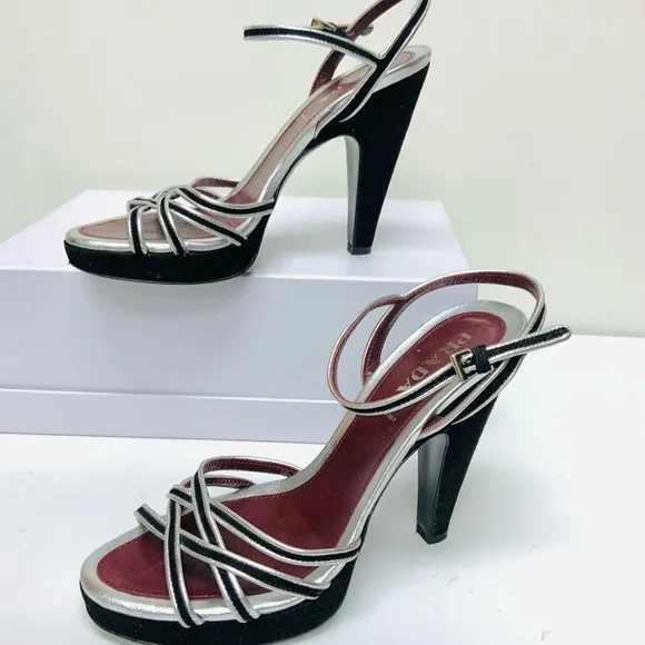 Prada black silver leather high heel sandals 37.5