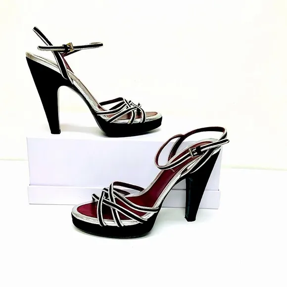 Prada black silver leather high heel sandals 37.5