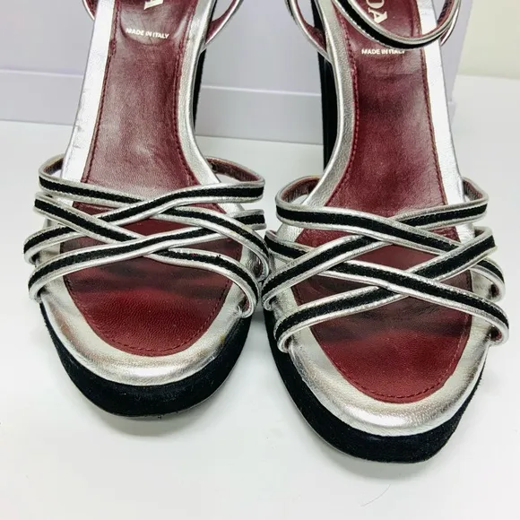 Prada black silver leather high heel sandals 37.5