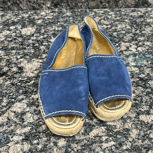 Prada Blue Suede Peep toe Platform Espadrille Sandal
