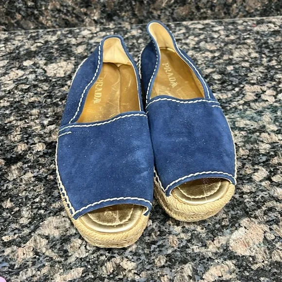 Prada Blue Suede Peep toe Platform Espadrille Sandal