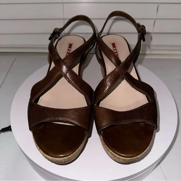 Prada Brown Leather Platform Wedges Size 8 (38) Great Condition 2 3/4” Heel.