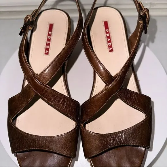 Prada Brown Leather Platform Wedges Size 8 (38) Great Condition 2 3/4” Heel.