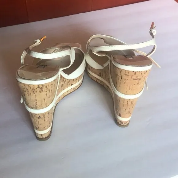 PRADA: Off-White Patent Leather Cork Wedge Sandals EU 40 / US 9 1/2