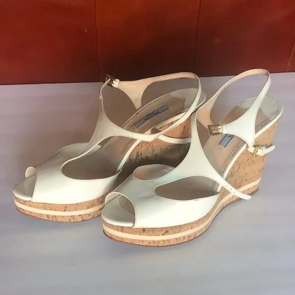 PRADA: Off-White Patent Leather Cork Wedge Sandals EU 40 / US 9 1/2