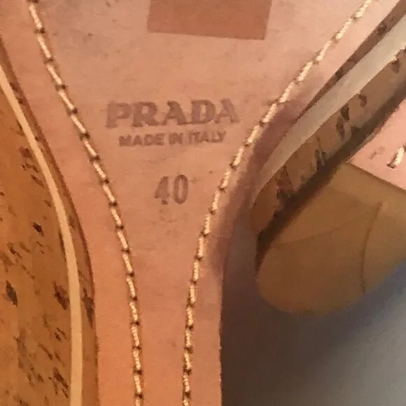 PRADA: Off-White Patent Leather Cork Wedge Sandals EU 40 / US 9 1/2