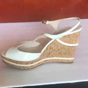 PRADA: Off-White Patent Leather Cork Wedge Sandals EU 40 / US 9 1/2