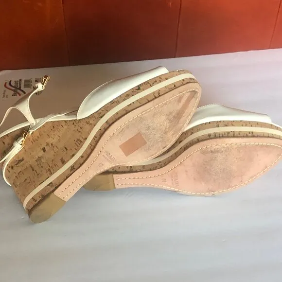 PRADA: Off-White Patent Leather Cork Wedge Sandals EU 40 / US 9 1/2