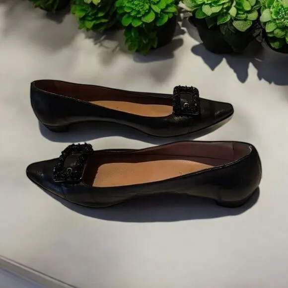 Prada Pointed Toe Buckle Black Leather Ballet Flats Size 38