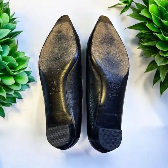 Prada Pointed Toe Buckle Black Leather Ballet Flats Size 38