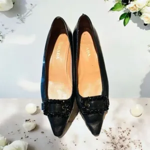 Prada Pointed Toe Buckle Black Leather Ballet Flats Size 38