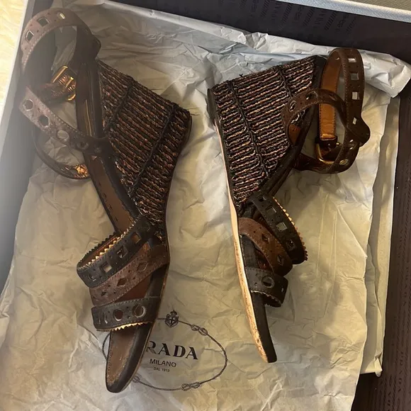 Prada Wedge Strappy Sandals size 8.5