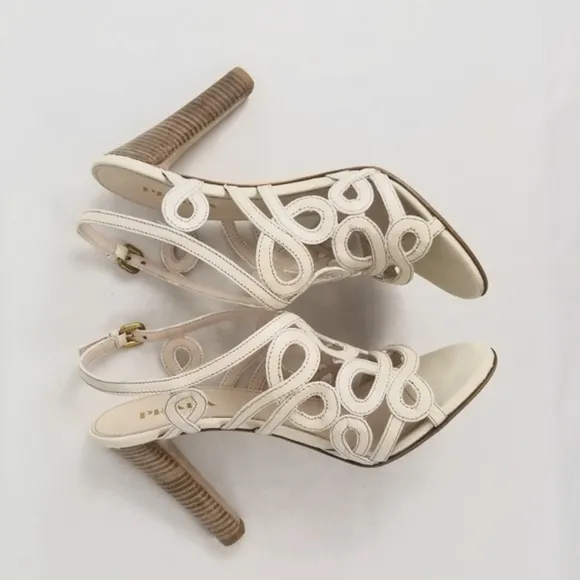 Prada White Off Leather Strappy Sandals Heels 37.5