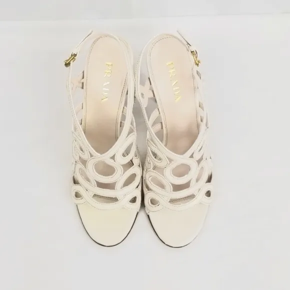 Prada White Off Leather Strappy Sandals Heels 37.5