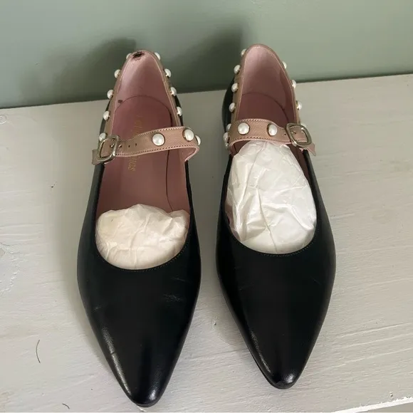 Pretty Ballerinas Pointed Toe Ballet Mary Jane Flats with Pearls Black and Nude