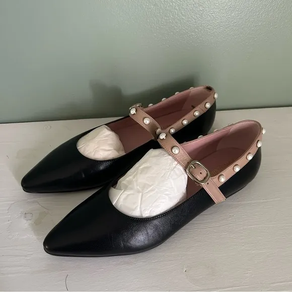 Pretty Ballerinas Pointed Toe Ballet Mary Jane Flats with Pearls Black and Nude
