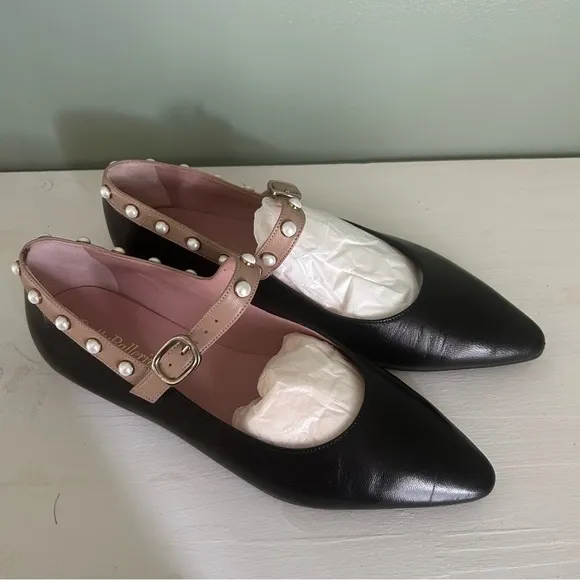 Pretty Ballerinas Pointed Toe Ballet Mary Jane Flats with Pearls Black and Nude