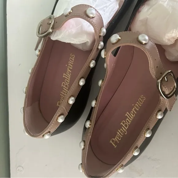 Pretty Ballerinas Pointed Toe Ballet Mary Jane Flats with Pearls Black and Nude