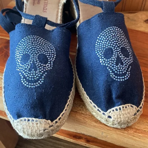 Ramoncinas lace-up wedge espadrilles. Rhinestone scull Sz 39 whimsigoth pirate