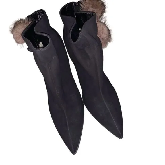 Rare 1950s Ski Boots Golden Pheasant Ankle Real Fur Pom Pom Black Suede Booties